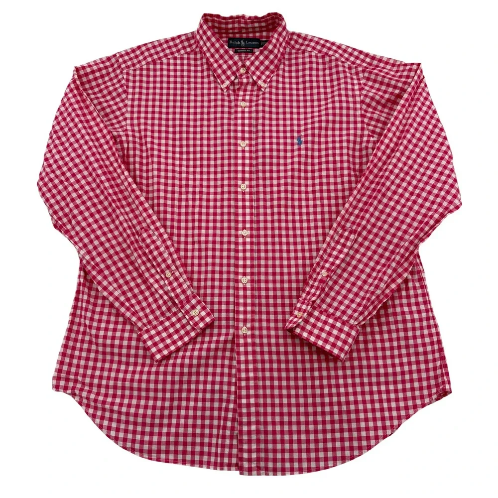 Polo Ralph Lauren Mens XL Classic Fit Pink Gingham Check Button Down Shirt Pony